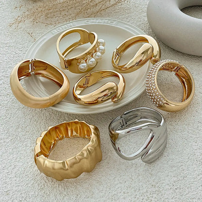 SHIXIN Design Geometric Water Drop Gold Color Wide Spring Bangles for Women Elegant Imitation Pearl Cuff Bracelets New Jewelry