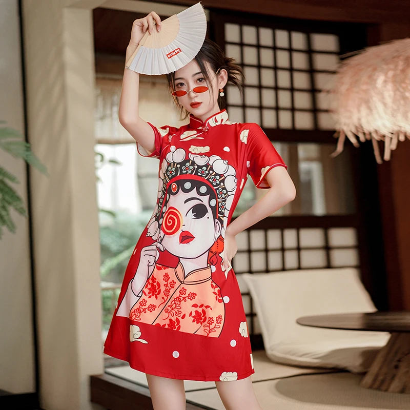 Chinese Traditional National Style Fashion Cartoon Printing Qipao Dress Summer Short Sleeve Elegant Modern Improved Cheongsam