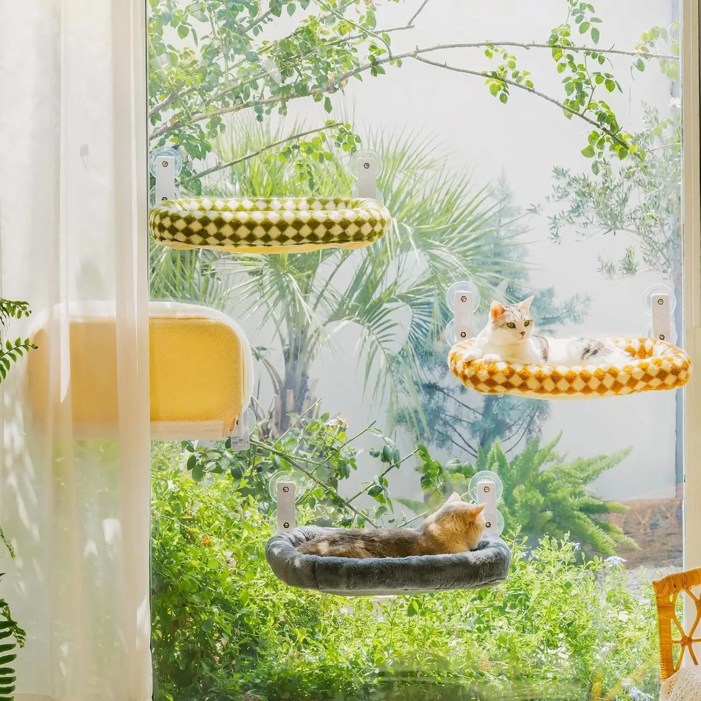 Mewoofun Foldable Cat Window Perch with 4 Strong Suction Cups Cordless Cat Window Hammock Removable Soft Cover White Brown Green