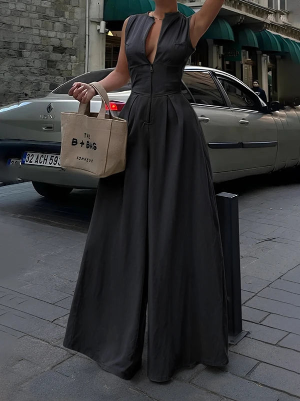 High Waisted Loose Pockets Jumpsuits