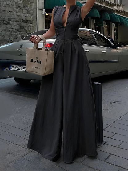 High Waisted Loose Pockets Jumpsuits
