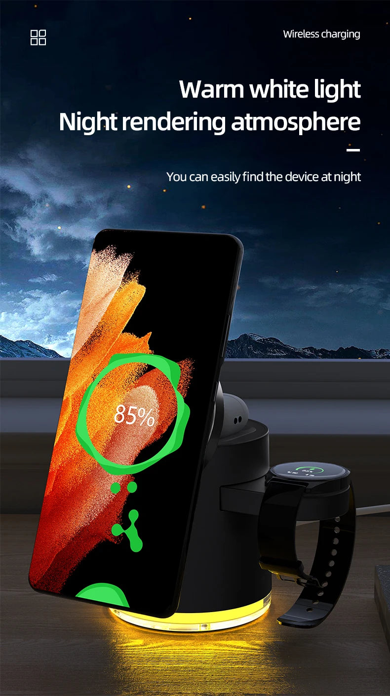 4 in 1 QI2 Wireless Charger Fast Charging Dock Stand Night Light For Magsafe iPhone 16 15 14 Pro Max Airpods Pro 2-8 Apple Watch