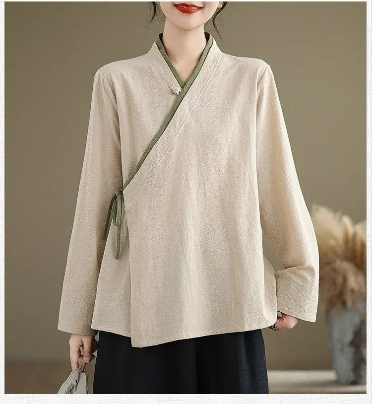 Womens Chinese Style Improved Hanfu Blouse Oblique V Neck Tie Side Contrast Trim Loose Cotton Linen Zen Tea Clothing Tops
