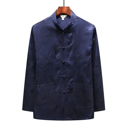 Chinese-style Men Short-sleeved Shirt, Summer Stand-up Collar Single-breasted Shirts, Decorated with Chinese Dragon Patterns.