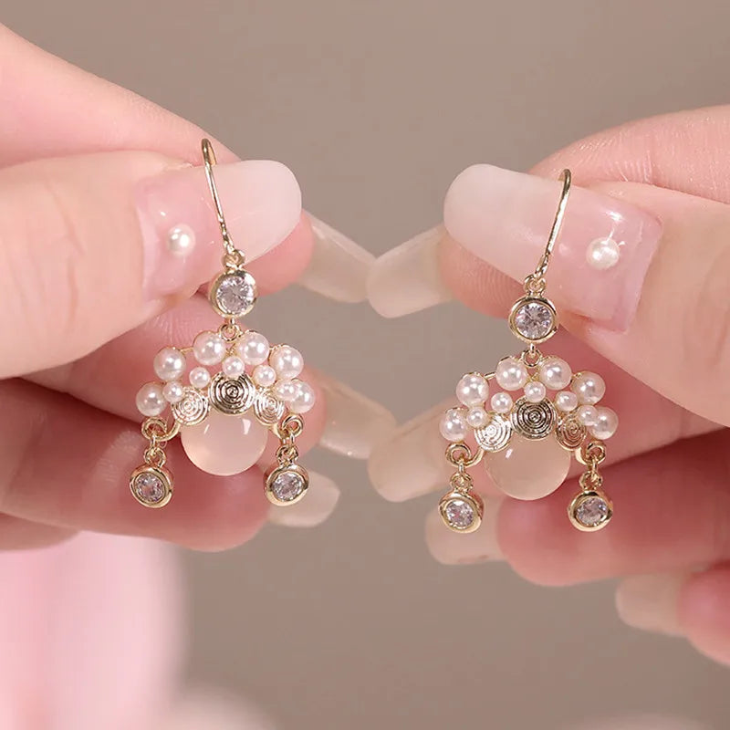 New Trend Simulation Pearl Long Earrings Women's Flower Rhinestone Wedding Pendant Earrings Fashion Korean Jewelry Earrings