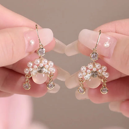 New Trend Simulation Pearl Long Earrings Women's Flower Rhinestone Wedding Pendant Earrings Fashion Korean Jewelry Earrings