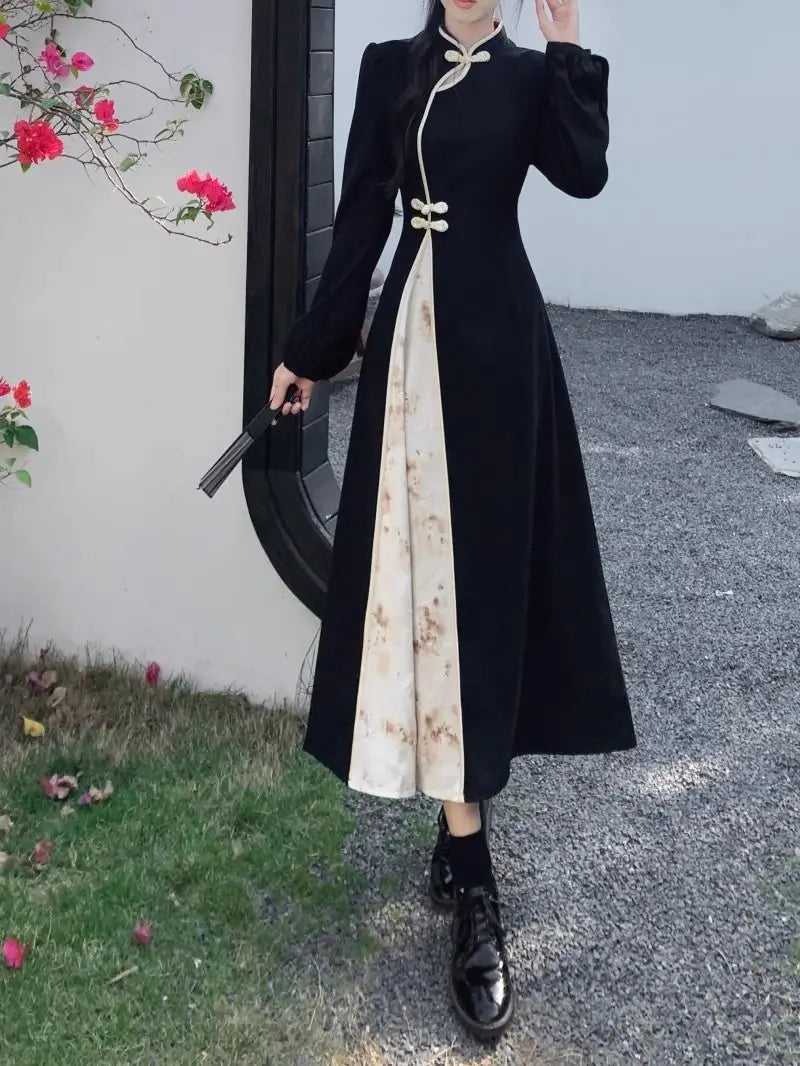 New Chinese National Style New Year Battle Robe Button Modified Qipao Long Dress Women Temperament Splicing Dark Pattern Dresses