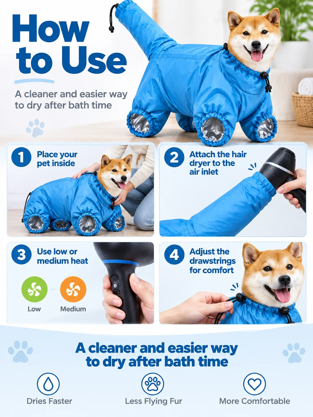 Pet Drying Bag for Dogs Cats Home Grooming Dryer Bag Hair Dryer Cover Fast Drying Anti Flying Fur for Small Medium Large Pets