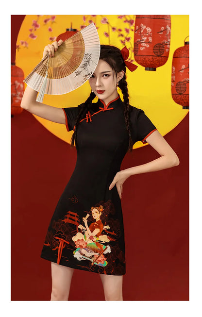 Niche Design Sense Chinese Style Printed Improved Qipao Y2K Vintage High Street Cheongsams Chinese Dress 치파오 китайское платье