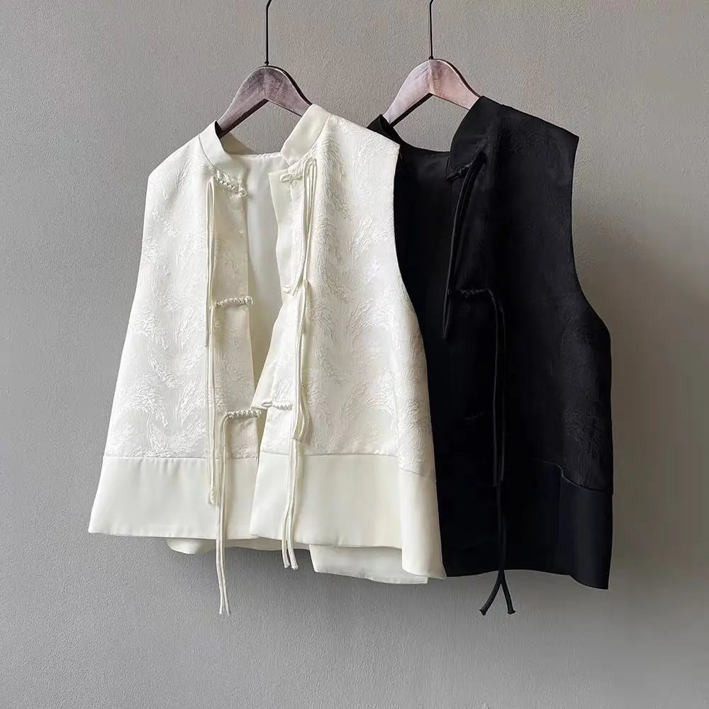 Chinese New Plate Button Vest Jacket 2025 Spring New Jacquard Stand Collar Sleeveless Waistcoat Retro Women Cheongsam Tops