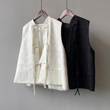 Chinese New Plate Button Vest Jacket 2025 Spring New Jacquard Stand Collar Sleeveless Waistcoat Retro Women Cheongsam Tops