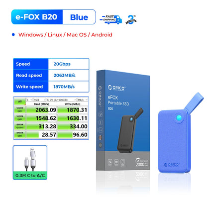 ORICO 2TB Portable SSD, Up to 2000MB/s, USB 3.2 Gen 2x2, Ultra-Mini, Compact with 2 in 1 USB C Cable, External Solid State Drive
