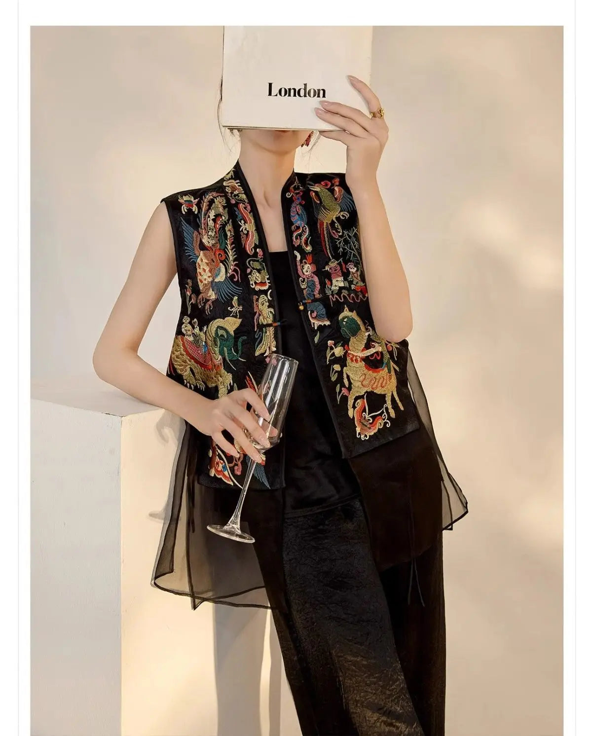 Oriental Vintage Tang Suit Women Vest Black Jacquard Heavy Phoenix Embroidery Organza Splicing Side Tie Sleeveless Waistcoat