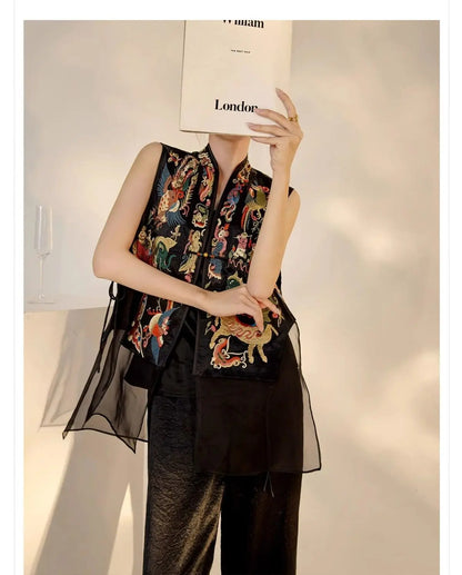Oriental Vintage Tang Suit Women Vest Black Jacquard Heavy Phoenix Embroidery Organza Splicing Side Tie Sleeveless Waistcoat