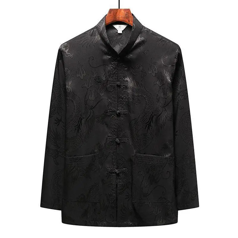Chinese-style Men Short-sleeved Shirt, Summer Stand-up Collar Single-breasted Shirts, Decorated with Chinese Dragon Patterns.