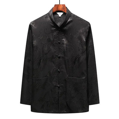 Chinese-style Men Short-sleeved Shirt, Summer Stand-up Collar Single-breasted Shirts, Decorated with Chinese Dragon Patterns.