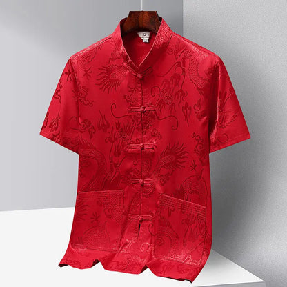Chinese-style Men Short-sleeved Shirt, Summer Stand-up Collar Single-breasted Shirts, Decorated with Chinese Dragon Patterns.