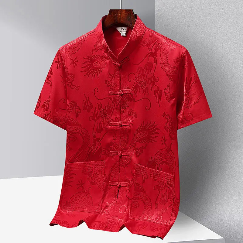 Chinese-style Men Short-sleeved Shirt, Summer Stand-up Collar Single-breasted Shirts, Decorated with Chinese Dragon Patterns.