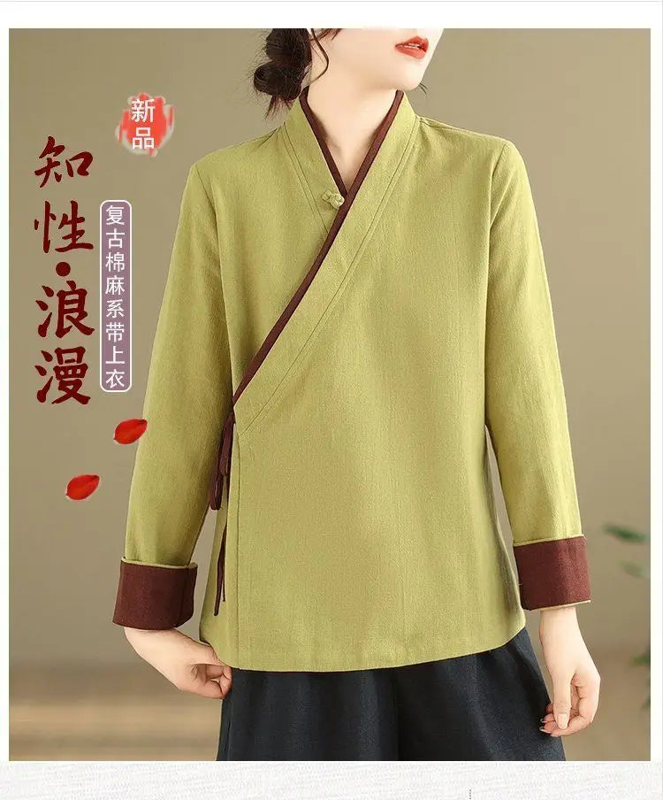 Womens Chinese Style Improved Hanfu Blouse Oblique V Neck Tie Side Contrast Trim Loose Cotton Linen Zen Tea Clothing Tops