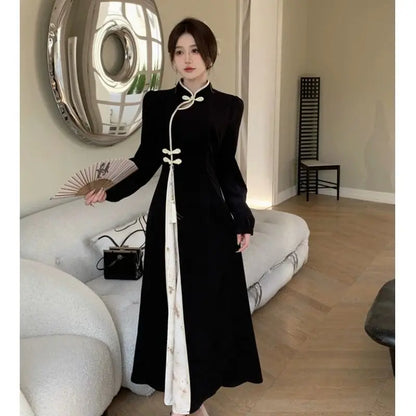 New Chinese Style Modified Cheongsam Dress for Women Spring and Autumn National Style Dark Pattern Jacquard Fashion Long Skirt