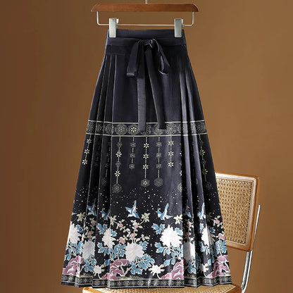 Vintage Maxi Chinese Style Horse Face Skirts for Women Saia One-piece Long Hanfu Pleated Skirt Woman Clothing Faldas Harajuku