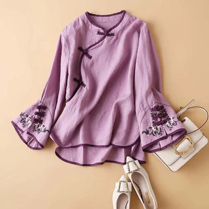 2023 Chinese Style Embroidery Blouse for Women  Summer O-neck Short Sleeve Cotton and  Linen traditional Tang suit Top