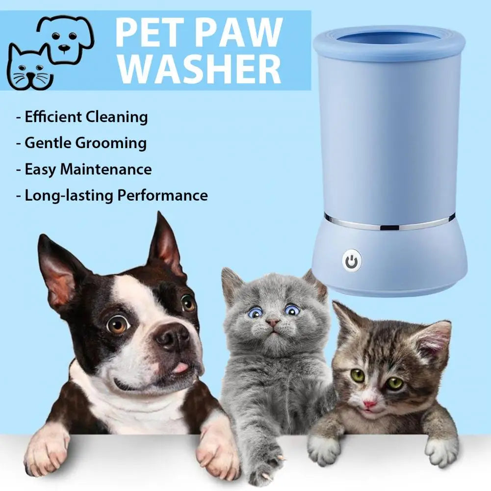 MUO Studios automatic pet paw cleaner with blue design beside a dog and two kittens with grooming benefits listed