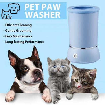 MUO Studios automatic pet paw cleaner with blue design beside a dog and two kittens with grooming benefits listed