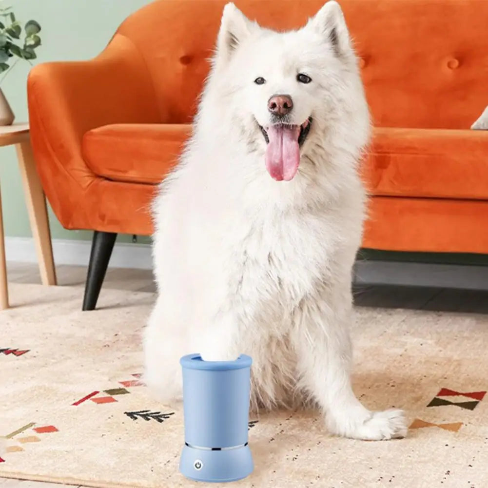 White fluffy dog sitting next to a blue automatic pet paw cleaner on a patterned rug in front of an orange sofa
