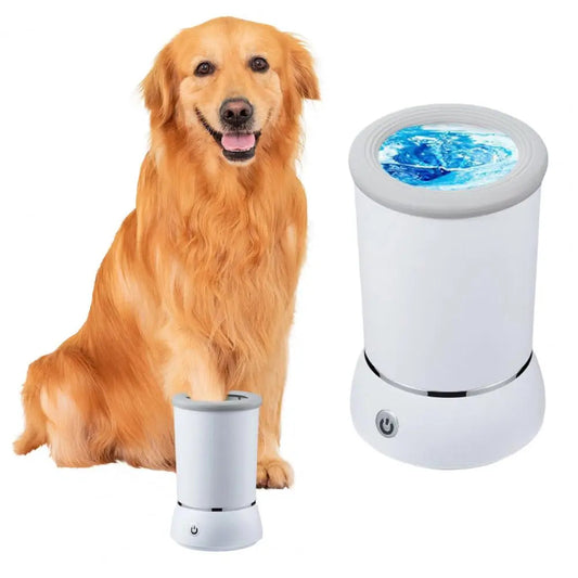 MUO Studios automatic pet paw cleaner with a golden retriever using the device for paw cleaning