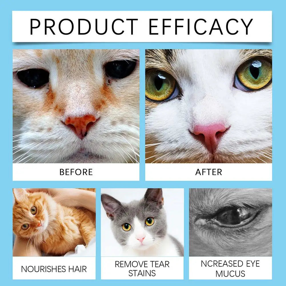 Before and after images showing effectiveness of hypoallergenic pet wipes on cats removing tear stains and nourishing hair