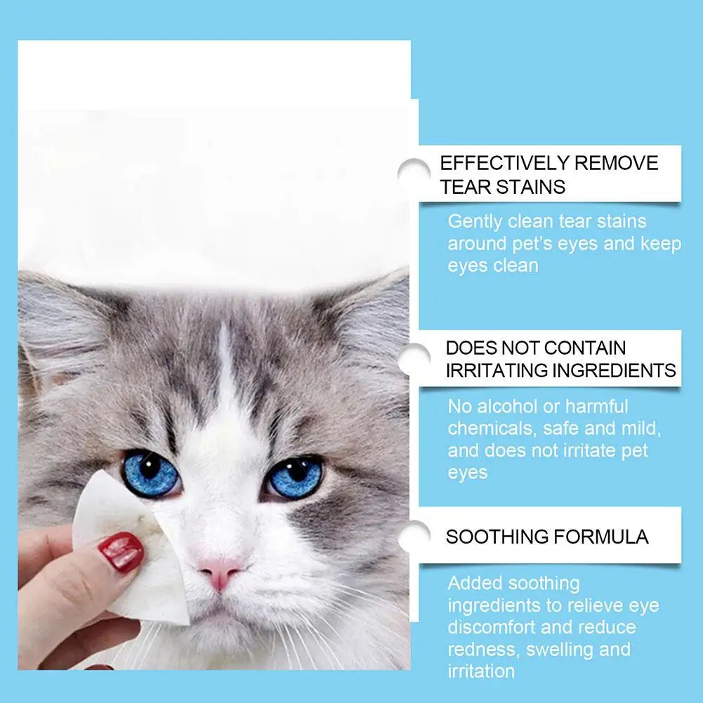 Hypoallergenic pet wipes gently cleaning tear stains from a cat's eye with soothing formula and no irritating ingredients