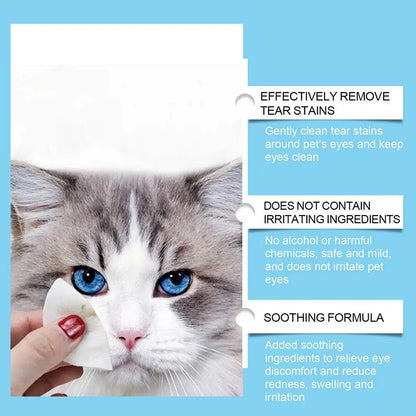 Hypoallergenic pet wipes gently cleaning tear stains from a cat's eye with soothing formula and no irritating ingredients