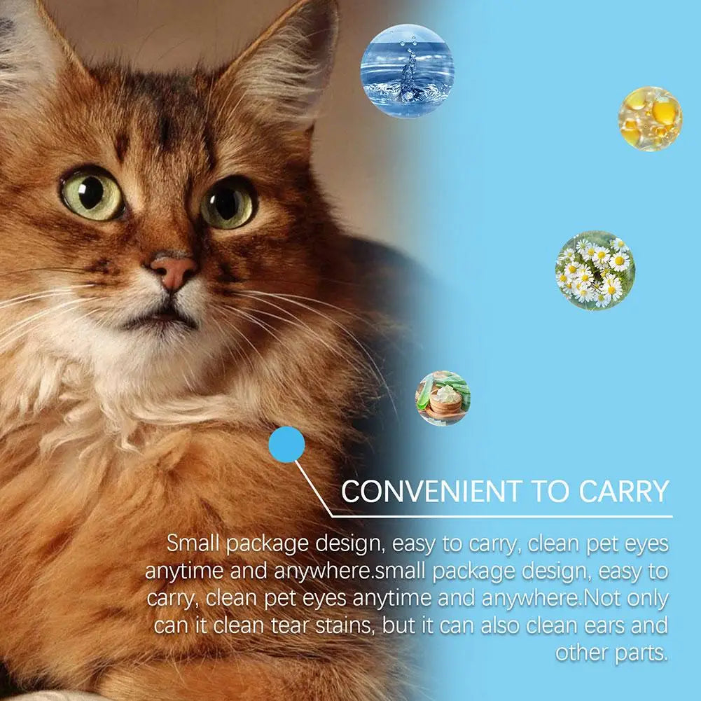 Close-up of a cat with text highlighting hypoallergenic pet wipes that are convenient to carry and clean pet eyes and ears