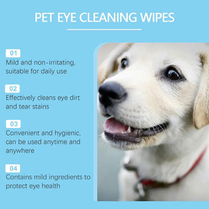 Hypoallergenic pet wipes for eye cleaning with mild ingredients to protect pet eye health and remove dirt
