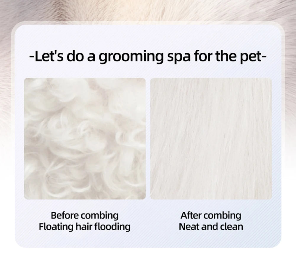 Before and after close-up images showing floating hair and neat fur after using rechargeable pet spray brush