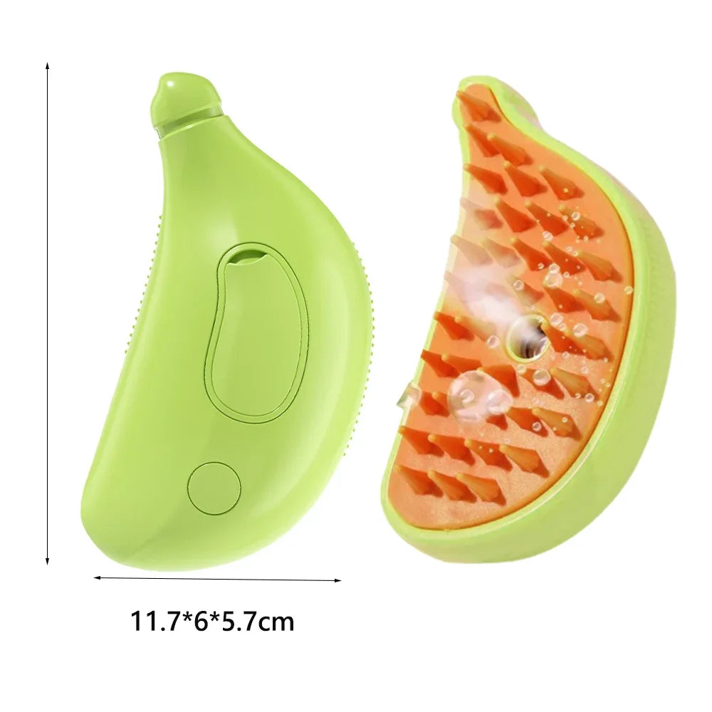 MUO Studios rechargeable pet spray brush in green with orange silicone bristles and water spray feature