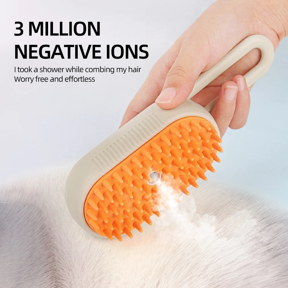 MUO Studios rechargeable pet spray brush with orange bristles releasing spray on white fur
