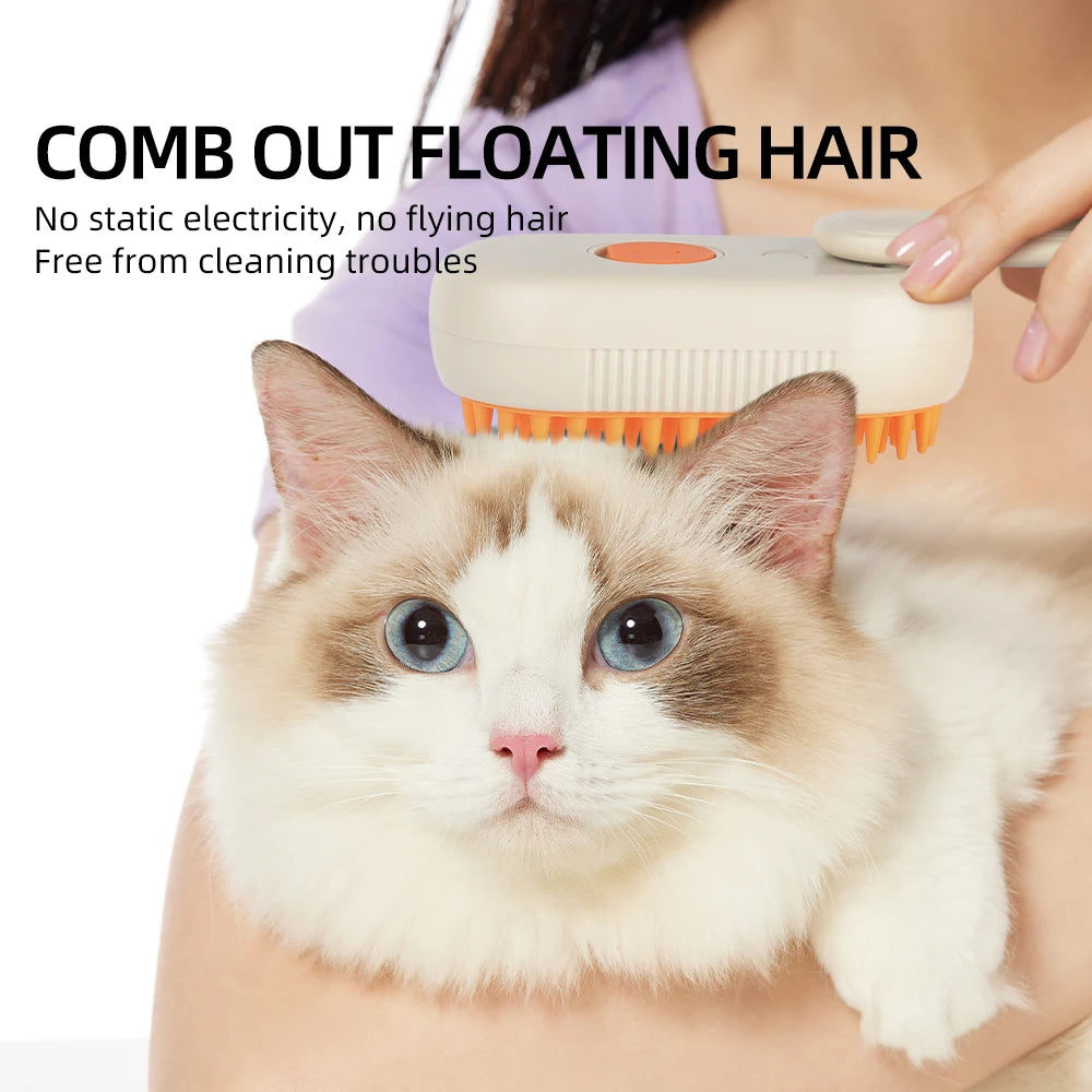 Rechargeable pet spray brush grooming a fluffy white and brown cat with blue eyes by MUO Studios