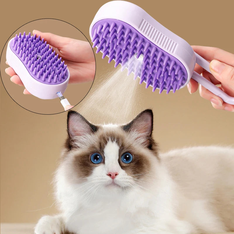MUO Studios rechargeable pet spray brush in purple spraying mist on a white and brown cat with blue eyes