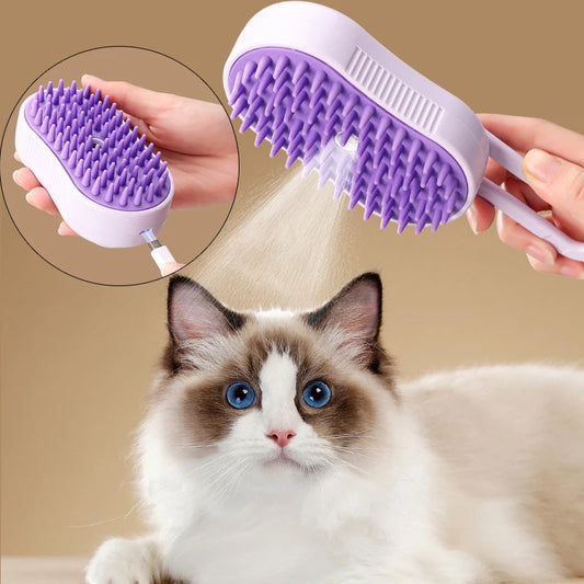 MUO Studios rechargeable pet spray brush in purple spraying mist on a white and brown cat with blue eyes