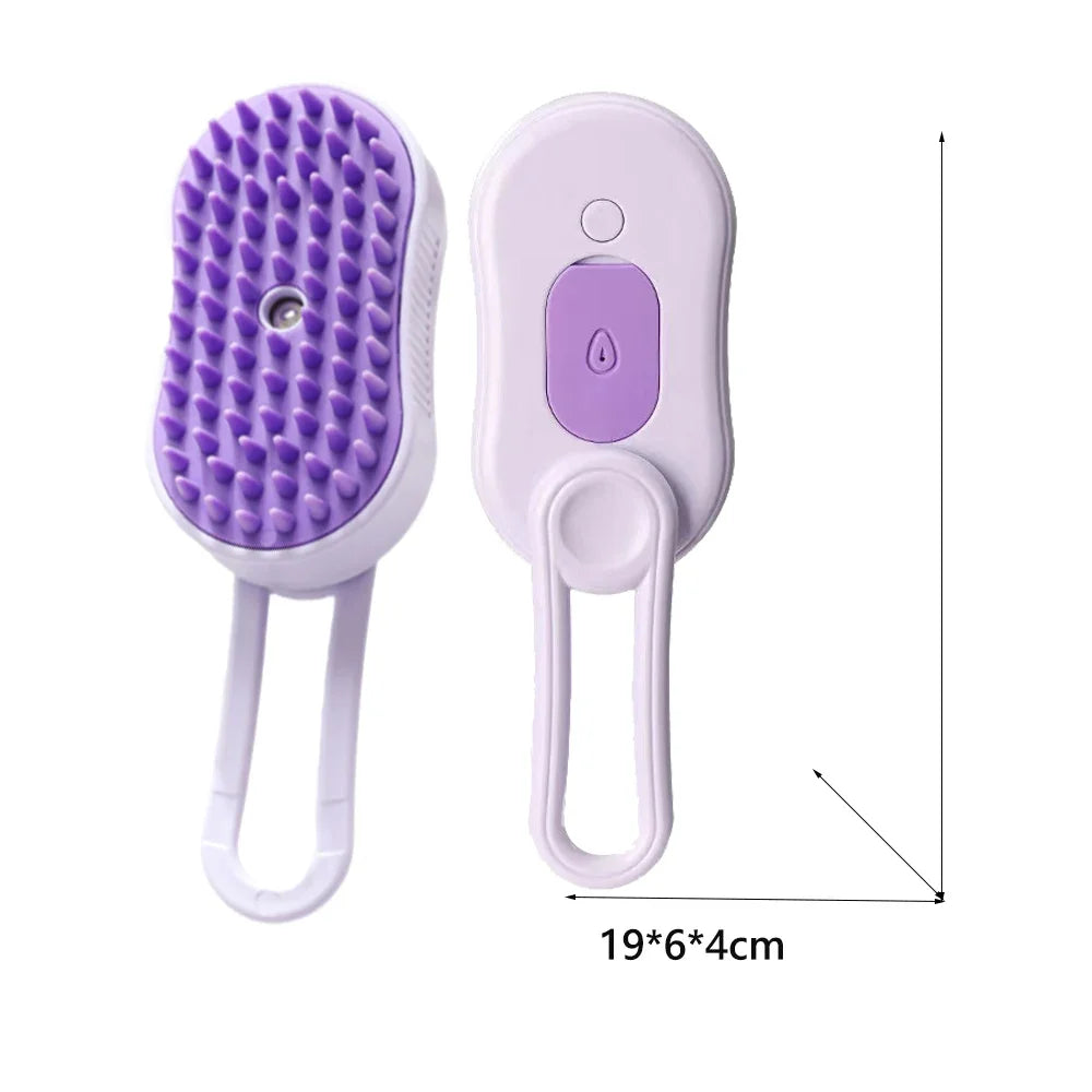 MUO Studios rechargeable pet spray brush in white and purple with ergonomic handle and soft bristles