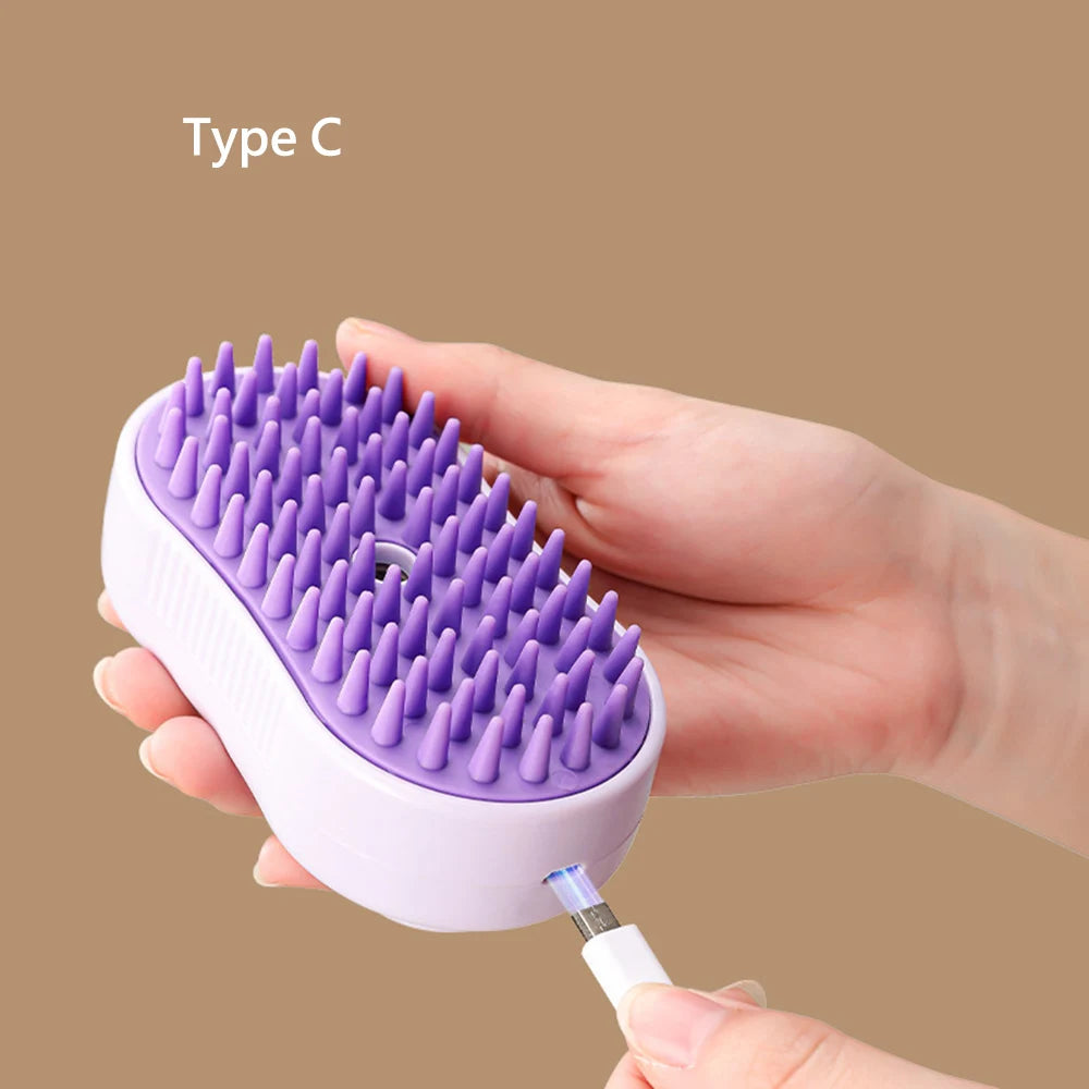 MUO Studios rechargeable pet spray brush with purple silicone bristles being charged via Type C cable