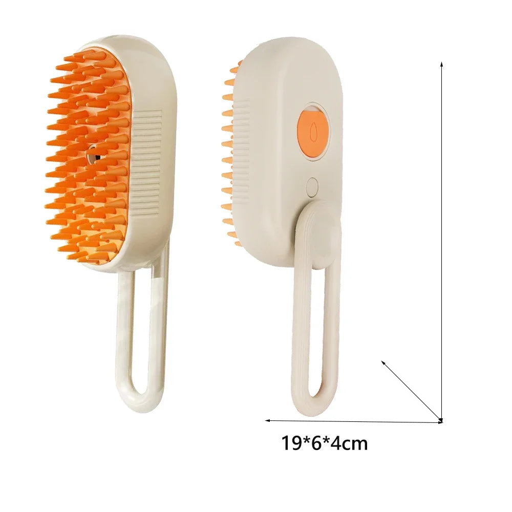MUO Studios rechargeable pet spray brush with orange bristles and ergonomic handle measuring 19 by 6 by 4 centimeters