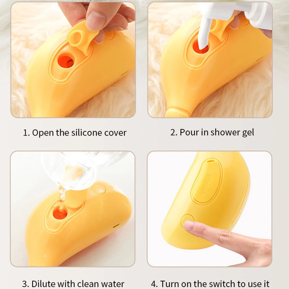 Step-by-step use of MUO Studios rechargeable pet spray brush showing filling with shower gel and water and turning on the switch