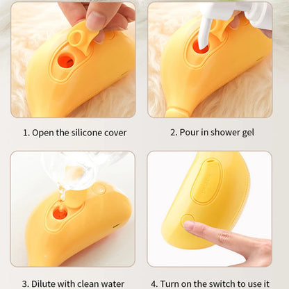 Step-by-step use of MUO Studios rechargeable pet spray brush showing filling with shower gel and water and turning on the switch