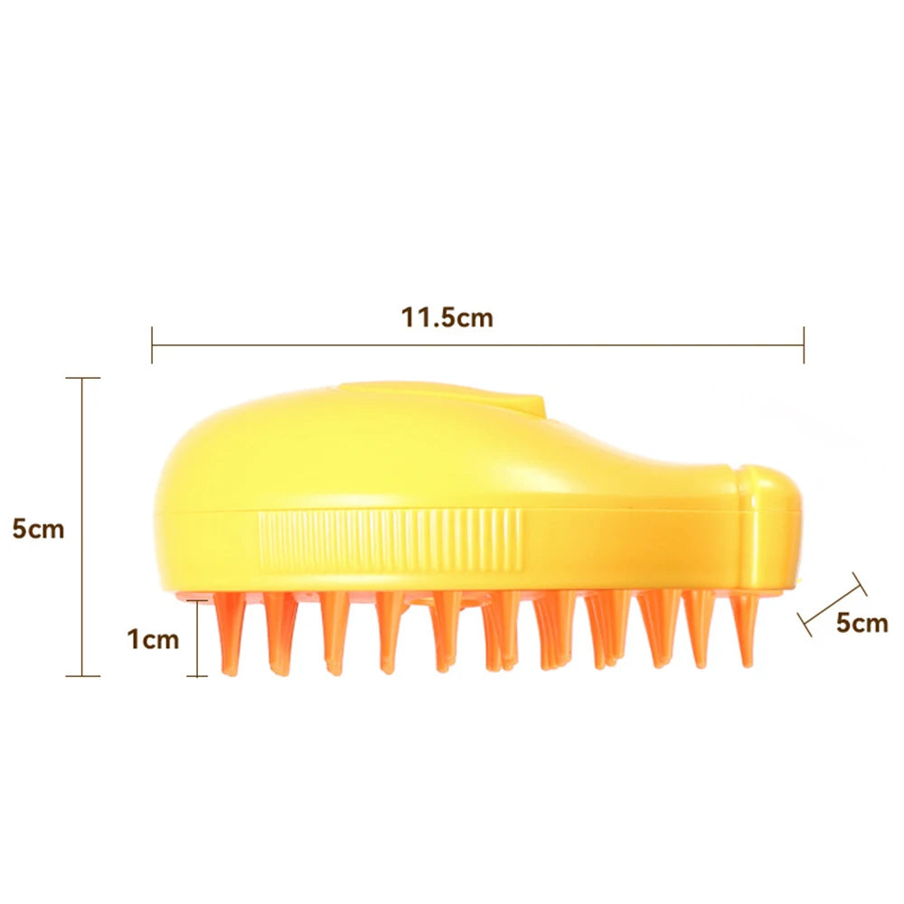 Yellow rechargeable pet spray brush with orange soft bristles and compact ergonomic design