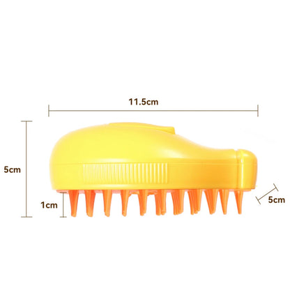 Yellow rechargeable pet spray brush with orange soft bristles and compact ergonomic design