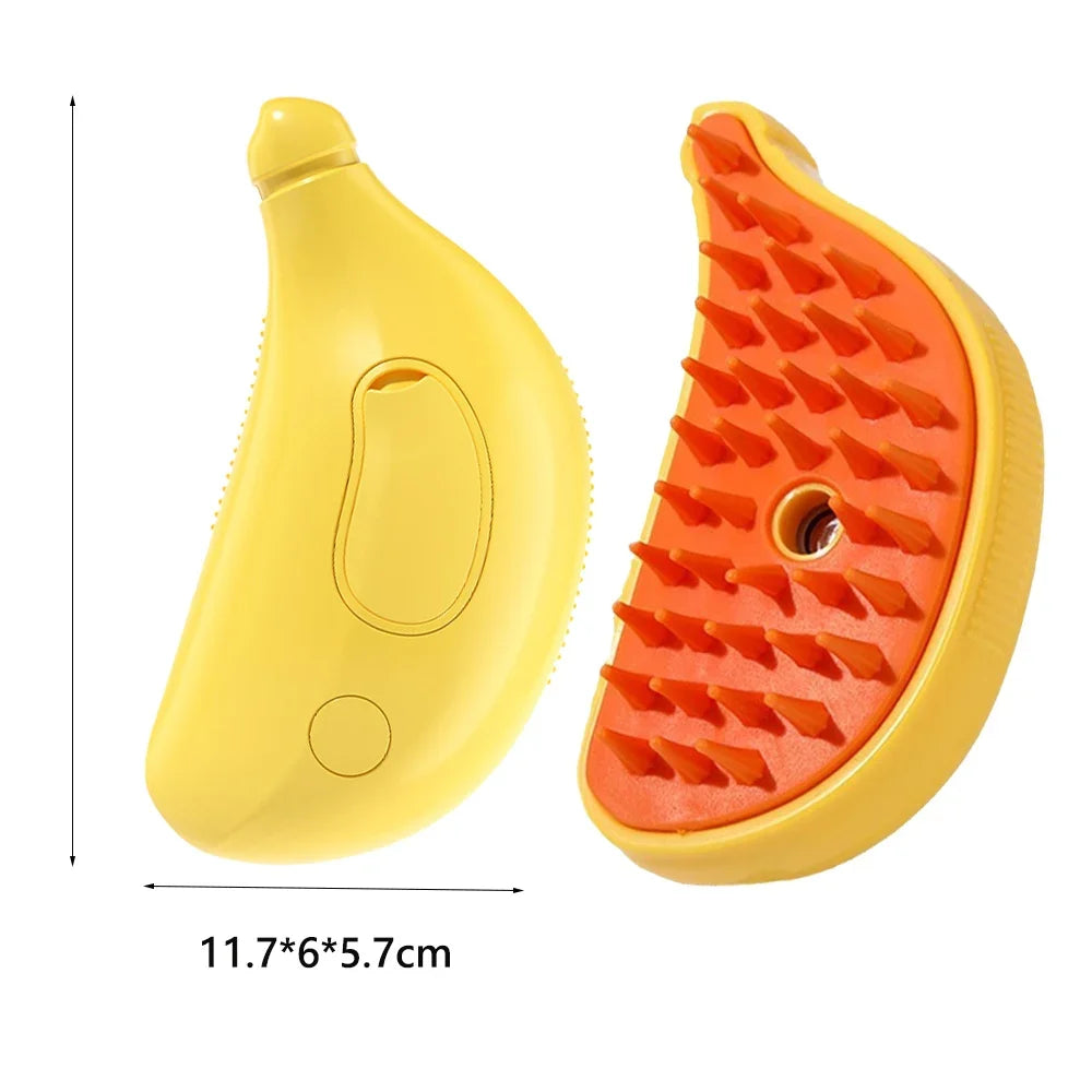 MUO Studios rechargeable pet spray brush in yellow with orange bristles and ergonomic design